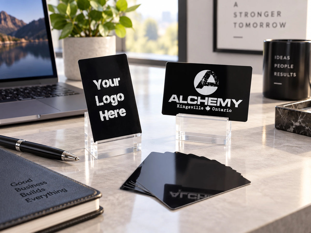 Custom black aluminum business card with laser-engraved company details