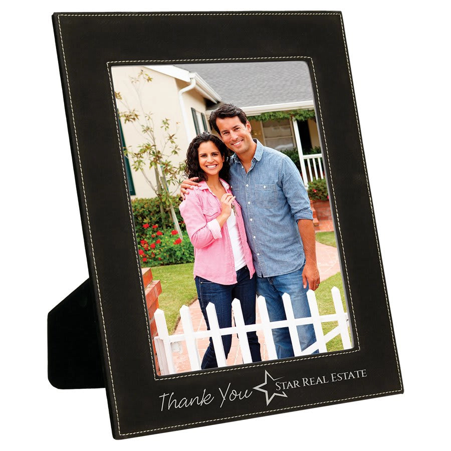 Personalized black leatherette picture frame with silver engraving 8x10