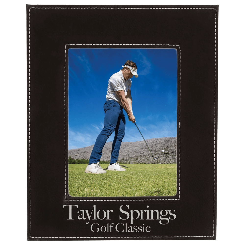 Personalized black leatherette picture frame with silver engraving 5x7