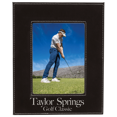 Personalized black leatherette picture frame with silver engraving 5x7