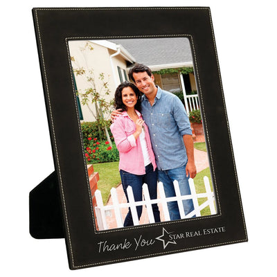Personalized black leatherette picture frame with silver engraving 8x10