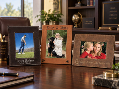 Personalized leatherette photo frames with easel back for tabletop display