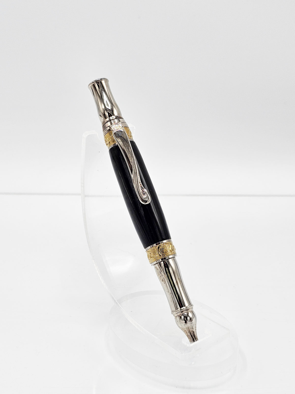 Art Nouveau twist ballpoint pen in chrome and gold Tn hardware with 5500-year-old ancient bog oak from Ukraine